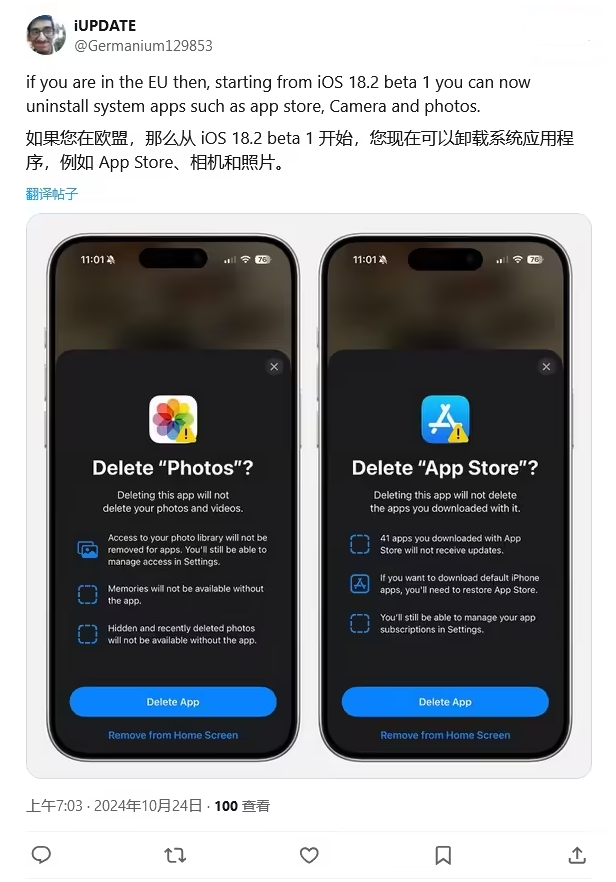 宜丰苹果手机维修分享iOS 18.2 支持删除 App Store 应用商店 